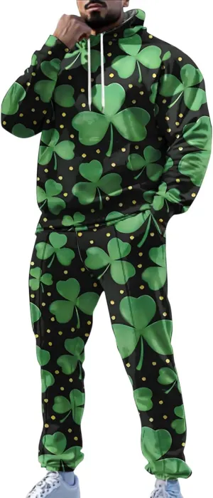 St Patrick's Day Sweatsuit Set for Mens Green Four Leaf Clover Long Sleeve Hoodies Trousers Casual Festival Outfits