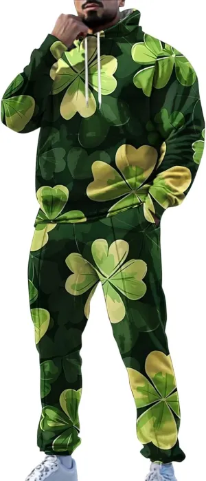 St Patrick's Day Sweatsuit Set for Mens Green Four Leaf Clover Long Sleeve Hoodies Trousers Casual Festival Outfits