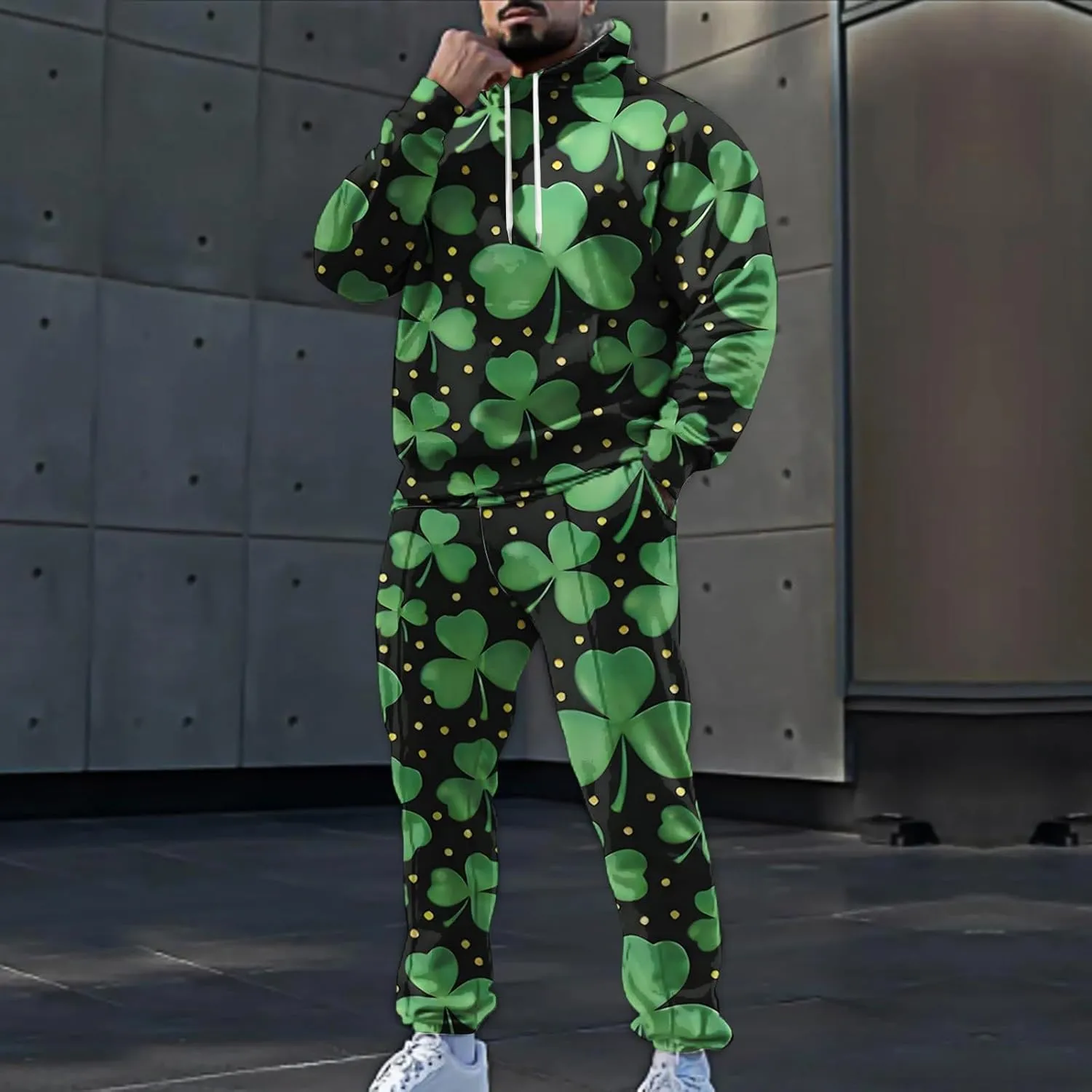 St Patrick's Day Sweatsuit Set for Mens Green Four Leaf Clover Long Sleeve Hoodies Trousers Casual Festival Outfits
