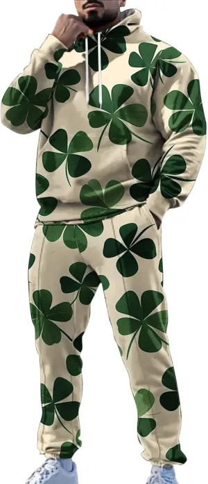 St Patrick's Day Sweatsuit Set for Mens Green Four Leaf Clover Long Sleeve Hoodies Trousers Casual Festival Outfits