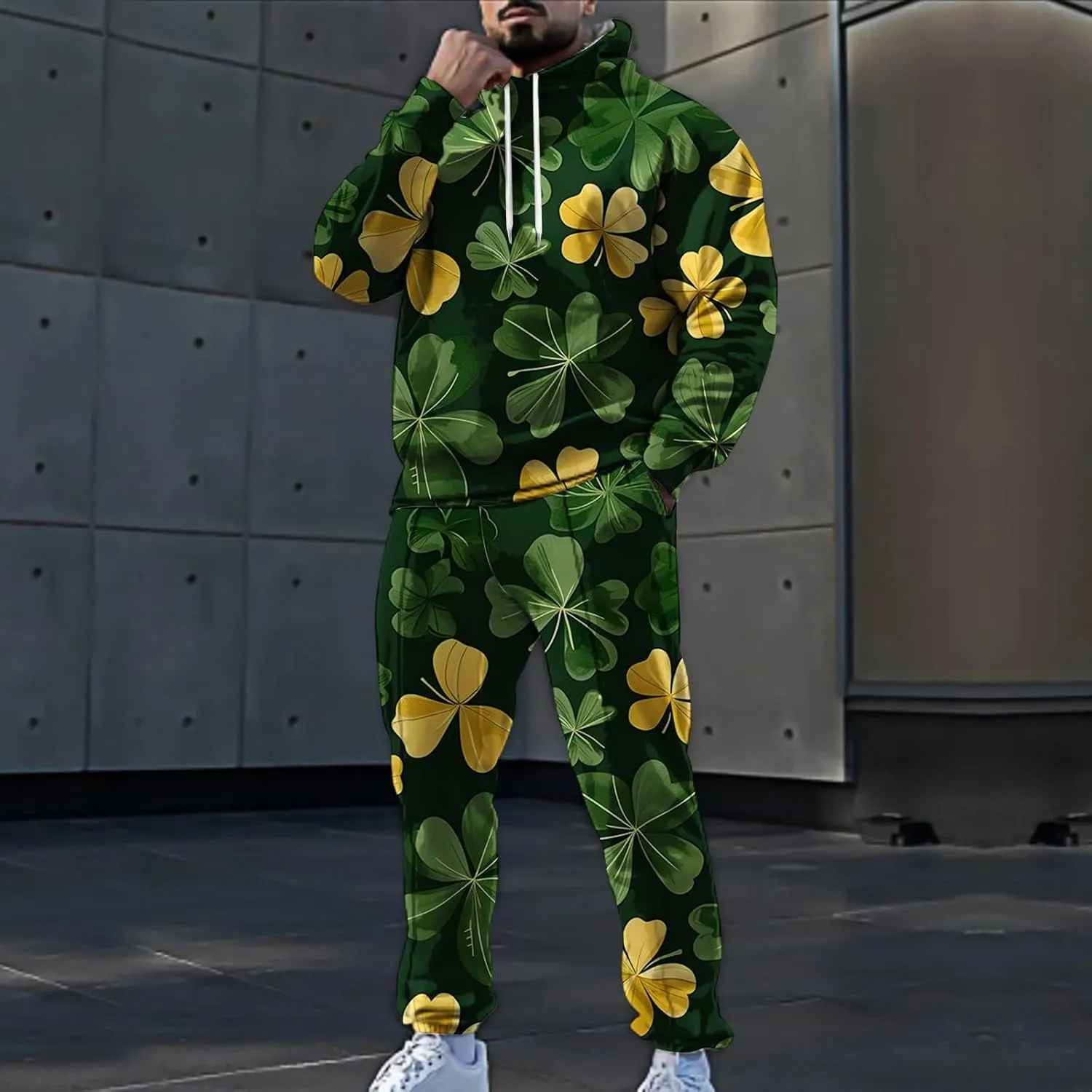 St Patrick's Day Sweatsuit Set for Mens Green Four Leaf Clover Long Sleeve Hoodies Trousers Casual Festival Outfits