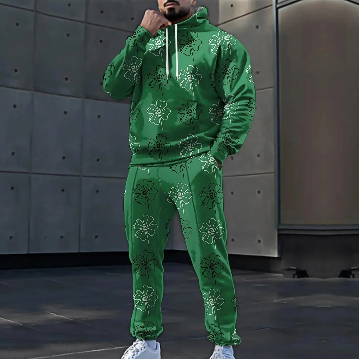 St Patrick's Day Sweatsuit Set for Mens Green Four Leaf Clover Long Sleeve Hoodies Trousers Casual Festival Outfits