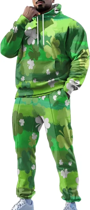 St Patrick's Day Sweatsuit Set for Mens Green Four Leaf Clover Long Sleeve Hoodies Trousers Casual Festival Outfits
