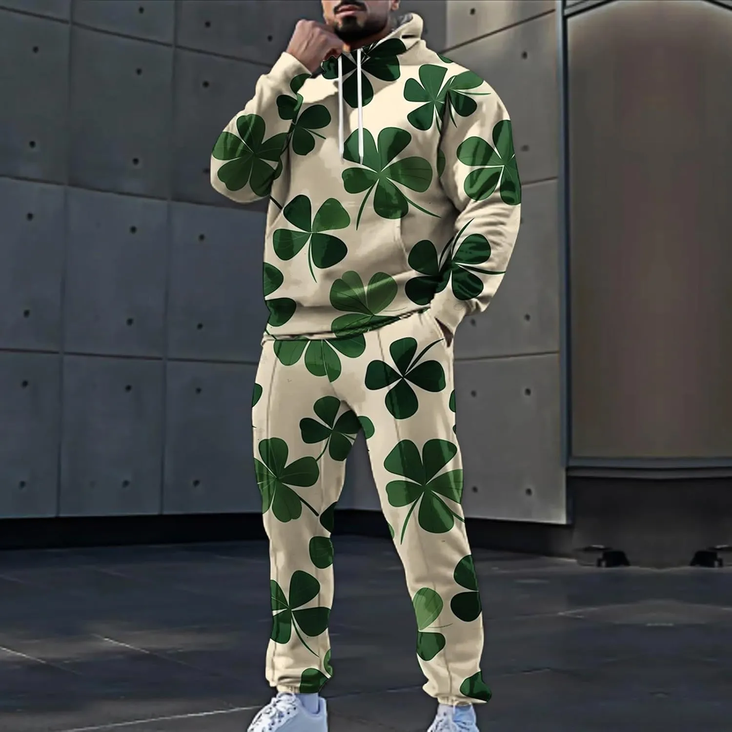 St Patrick's Day Sweatsuit Set for Mens Green Four Leaf Clover Long Sleeve Hoodies Trousers Casual Festival Outfits