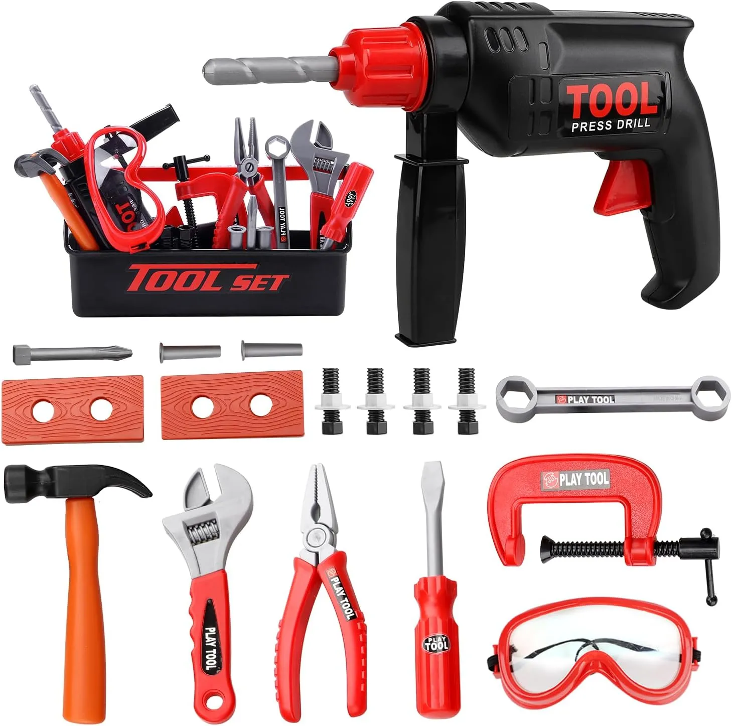 STEAM Life Kids Toddler Tool Set - Toy Tool Set with Electric Toy Drill, Toddler Tool Box, Toy Hammer, Red Manual Drill Tool Play Set - Pretend Play Toy Tools for Kids Ages 3 4 5 6 7 8 Year Old Boy