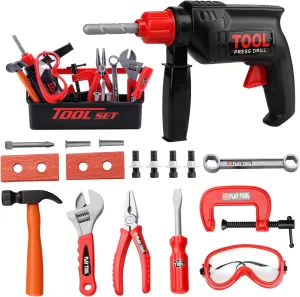 STEAM Life Kids Toddler Tool Set - Toy Tool Set with Electric Toy Drill, Toddler Tool Box, Toy Hammer, Red Manual Drill Tool Play Set - Pretend Play Toy Tools for Kids Ages 3 4 5 6 7 8 Year Old Boy