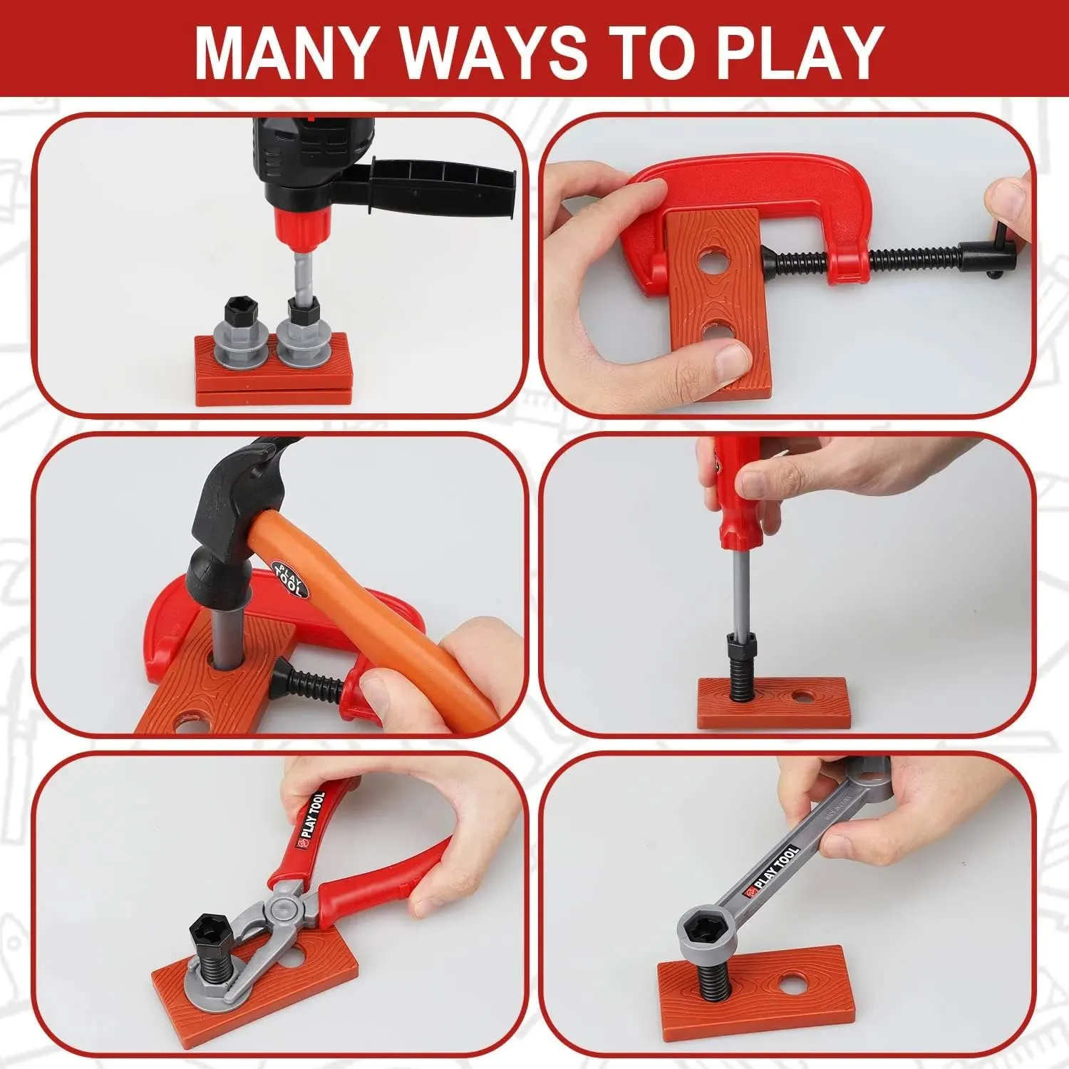 STEAM Life Kids Toddler Tool Set - Toy Tool Set with Electric Toy Drill, Toddler Tool Box, Toy Hammer, Red Manual Drill Tool Play Set - Pretend Play Toy Tools for Kids Ages 3 4 5 6 7 8 Year Old Boy