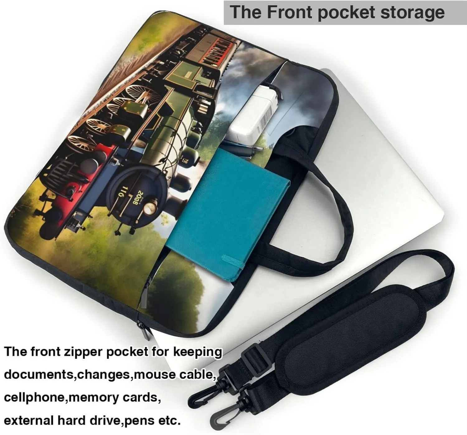 Steam Little Train Print Laptop Bag Laptop Case Shoulder Laptop Bag with Padded Protection Spacious Pockets, Black