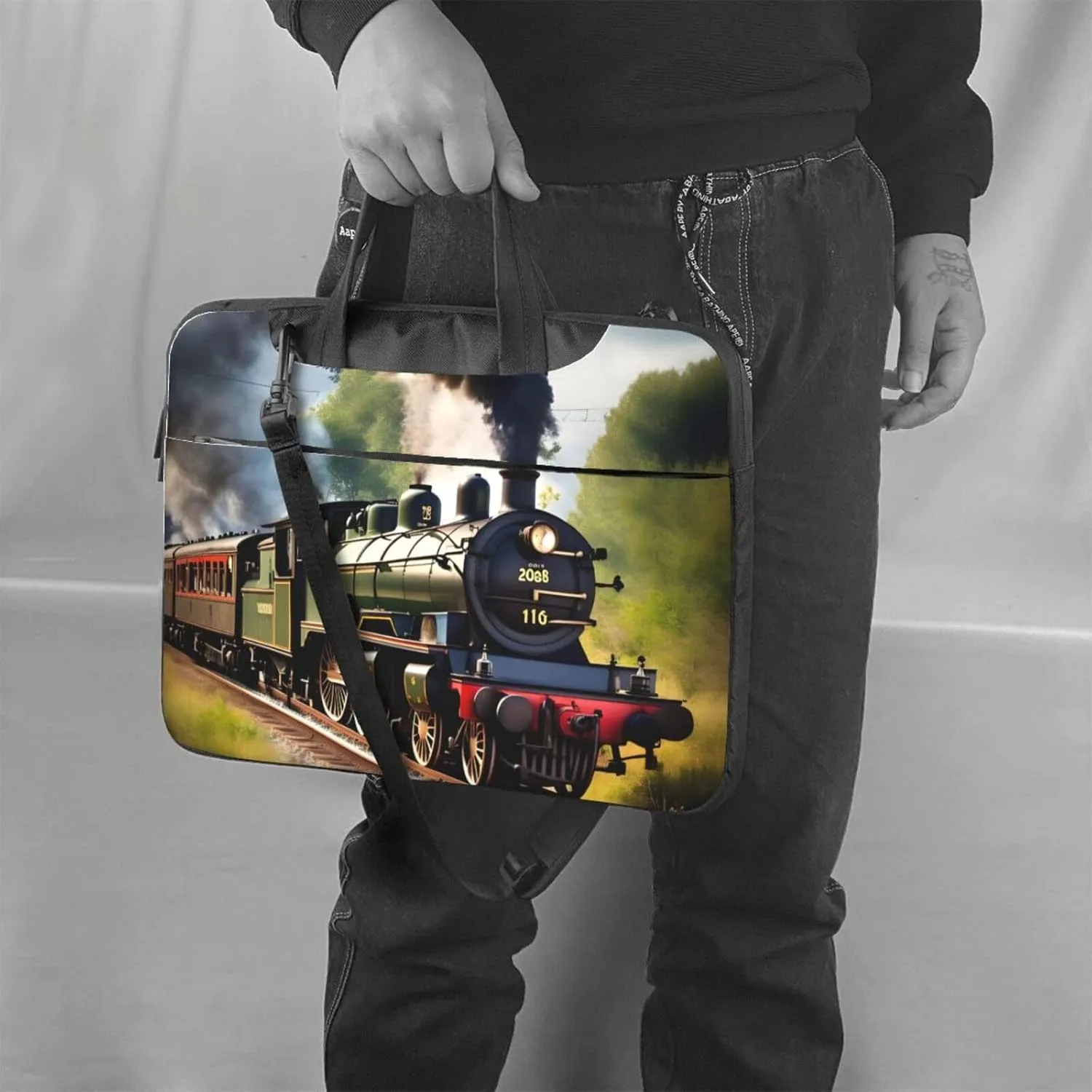 Steam Little Train Print Laptop Bag Laptop Case Shoulder Laptop Bag with Padded Protection Spacious Pockets, Black
