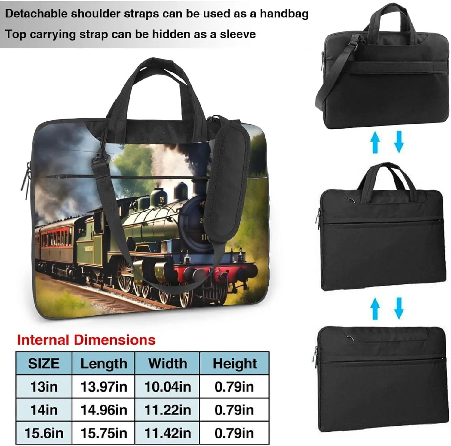 Steam Little Train Print Laptop Bag Laptop Case Shoulder Laptop Bag with Padded Protection Spacious Pockets, Black