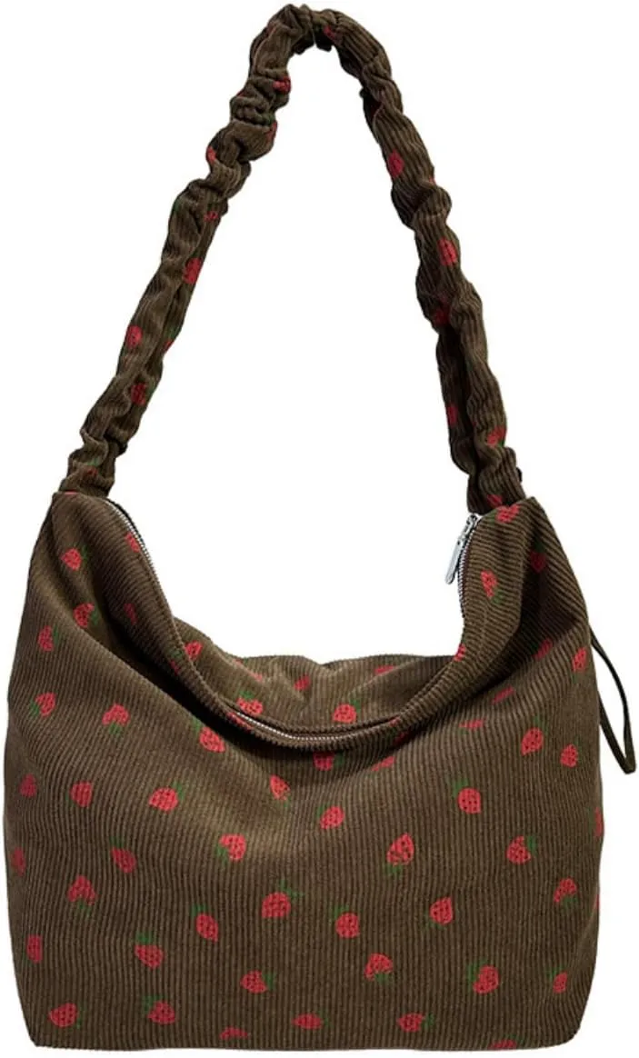 Strawberry Tote Bag for Women Corduroy Drawstring Crossbody Bag Cute Strawberry Purse Shoulder Bags Casual Bags