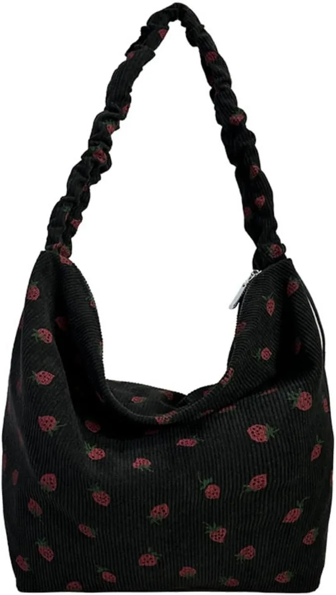 Strawberry Tote Bag for Women Corduroy Drawstring Crossbody Bag Cute Strawberry Purse Shoulder Bags Casual Bags