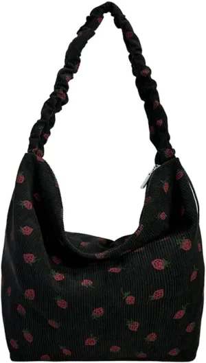 Strawberry Tote Bag for Women Corduroy Drawstring Crossbody Bag Cute Strawberry Purse Shoulder Bags Casual Bags