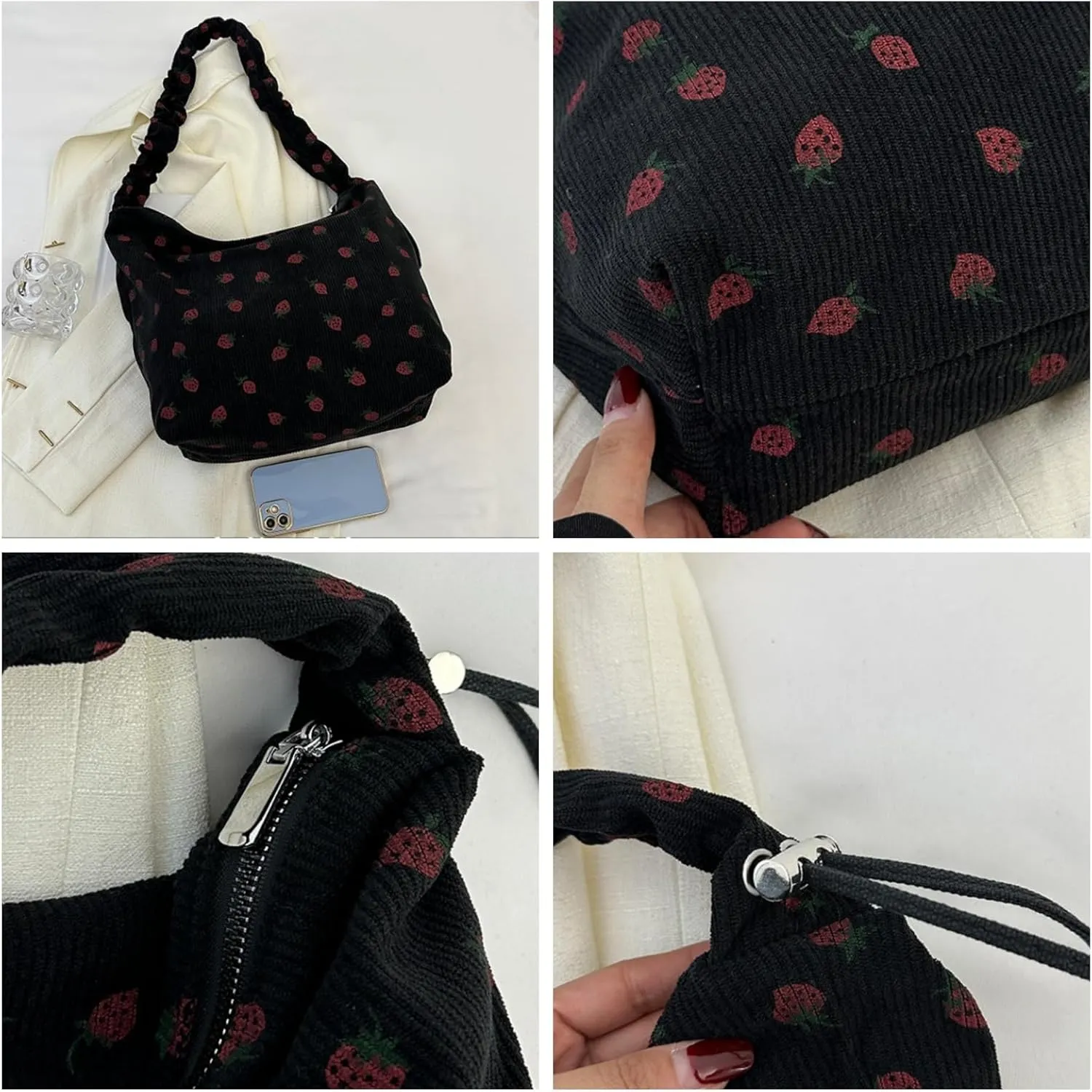 Strawberry Tote Bag for Women Corduroy Drawstring Crossbody Bag Cute Strawberry Purse Shoulder Bags Casual Bags