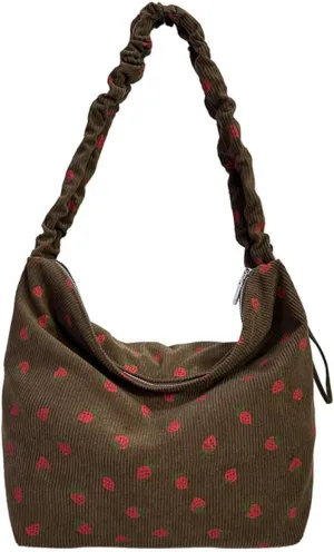 Strawberry Tote Bag for Women Corduroy Drawstring Crossbody Bag Cute Strawberry Purse Shoulder Bags Casual Bags