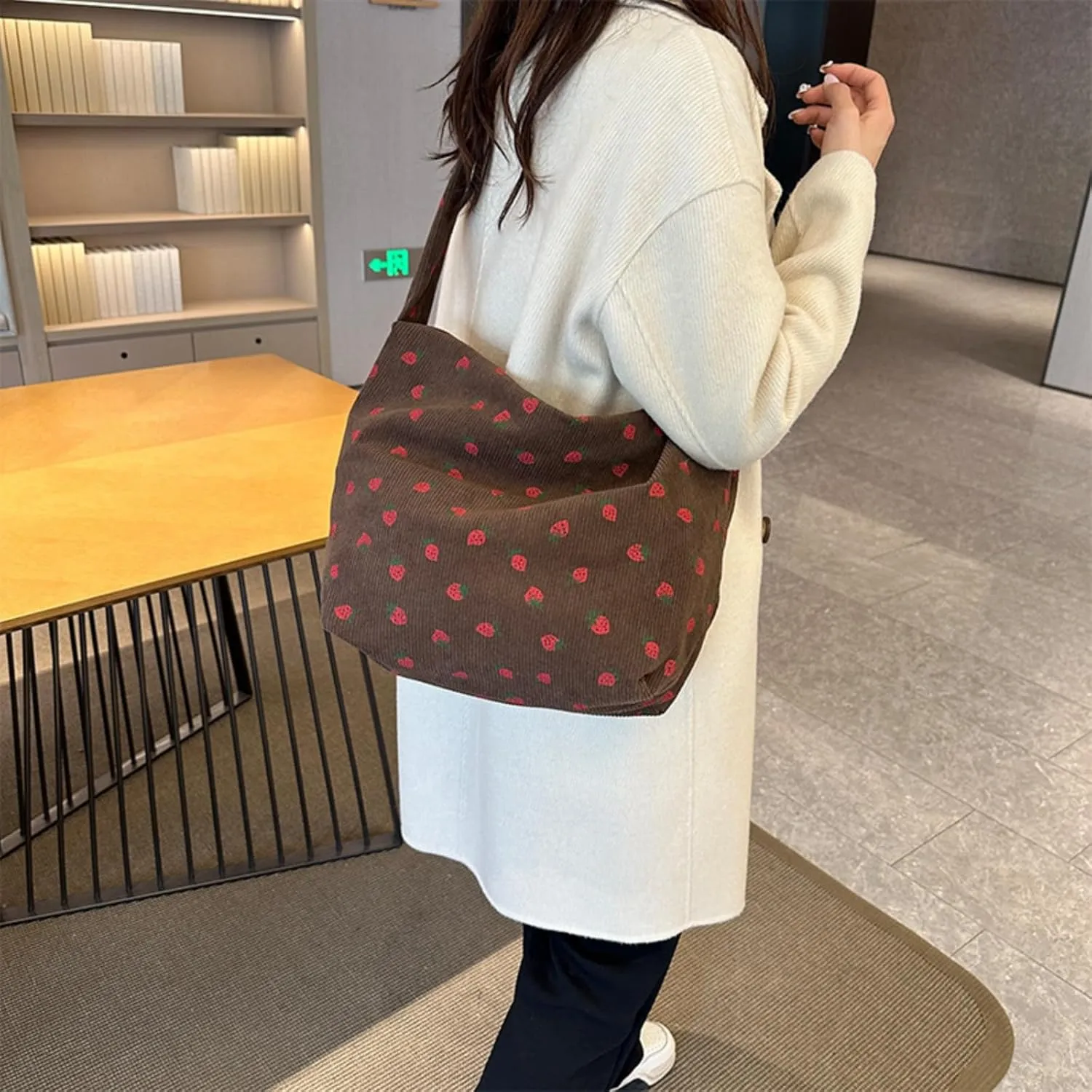 Strawberry Tote Bag for Women Corduroy Drawstring Crossbody Bag Cute Strawberry Purse Shoulder Bags Casual Bags