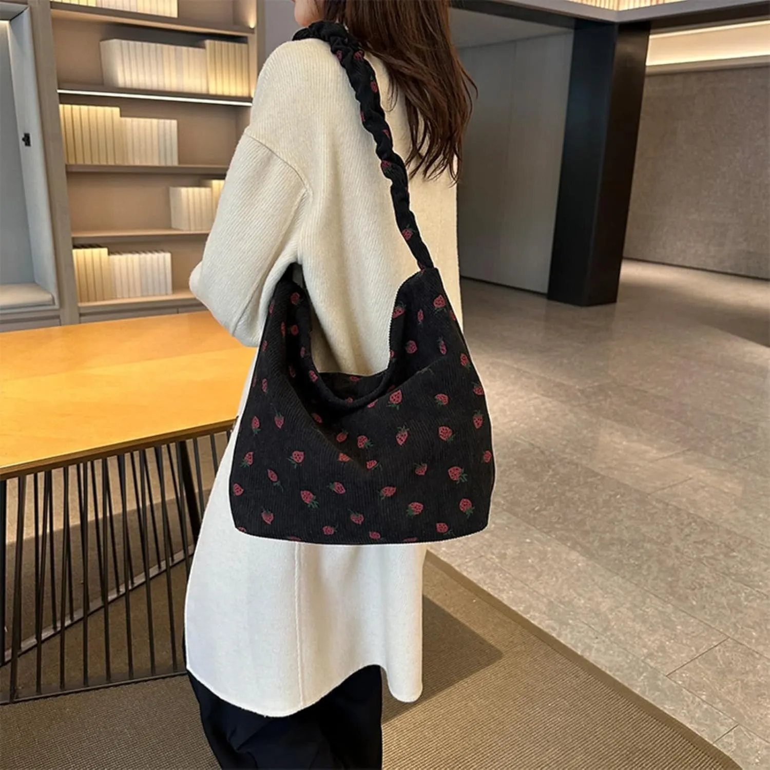 Strawberry Tote Bag for Women Corduroy Drawstring Crossbody Bag Cute Strawberry Purse Shoulder Bags Casual Bags