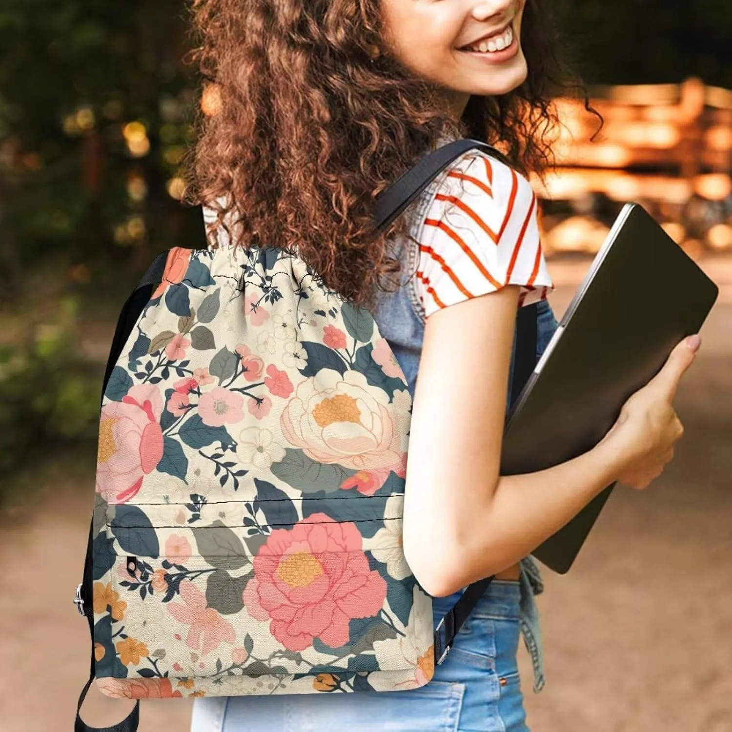 Stylish Gym Bags with Draw Cord Closures Blooming Flowers Drawstring Backpack for Women Gym Duffle Bag with Convenient Multi Pockets One Size Fits Most