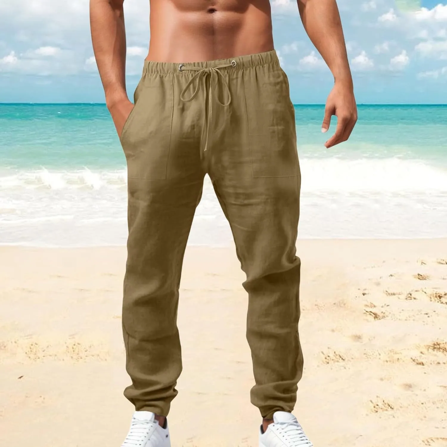 Summer Casual Linen Pants for Men Long Length Straight Leg Beach Plain Pant Trendy Outdoor Travel Trousers Pajamas