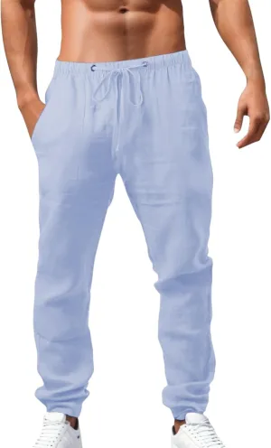 Summer Casual Linen Pants for Men Long Length Straight Leg Beach Plain Pant Trendy Outdoor Travel Trousers Pajamas
