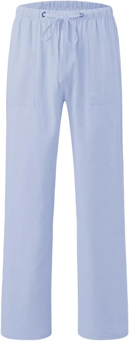 Summer Casual Linen Pants for Men Long Length Straight Leg Beach Plain Pant Trendy Outdoor Travel Trousers Pajamas
