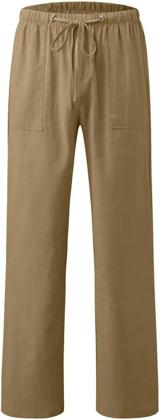 Summer Casual Linen Pants for Men Long Length Straight Leg Beach Plain Pant Trendy Outdoor Travel Trousers Pajamas