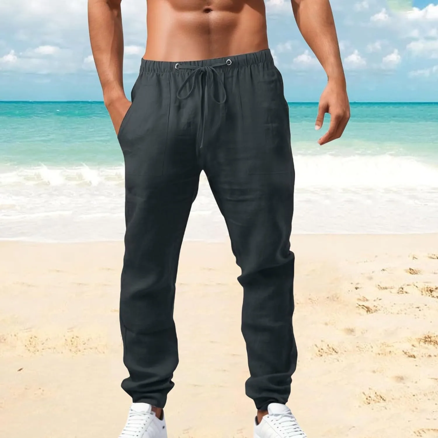 Summer Casual Linen Pants for Men Long Length Straight Leg Beach Plain Pant Trendy Outdoor Travel Trousers Pajamas
