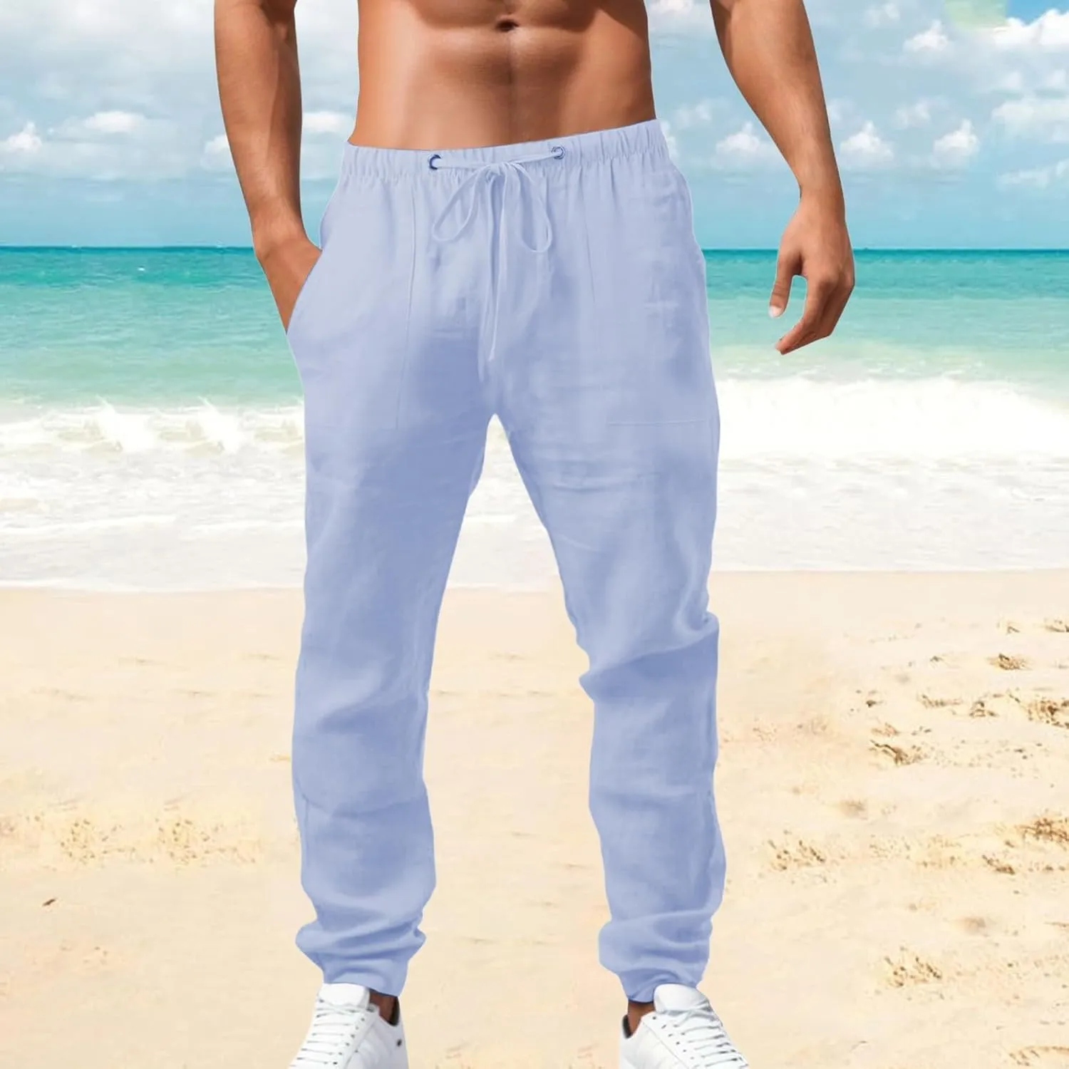 Summer Casual Linen Pants for Men Long Length Straight Leg Beach Plain Pant Trendy Outdoor Travel Trousers Pajamas