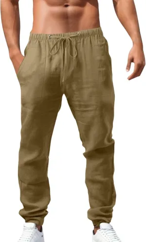 Summer Casual Linen Pants for Men Long Length Straight Leg Beach Plain Pant Trendy Outdoor Travel Trousers Pajamas