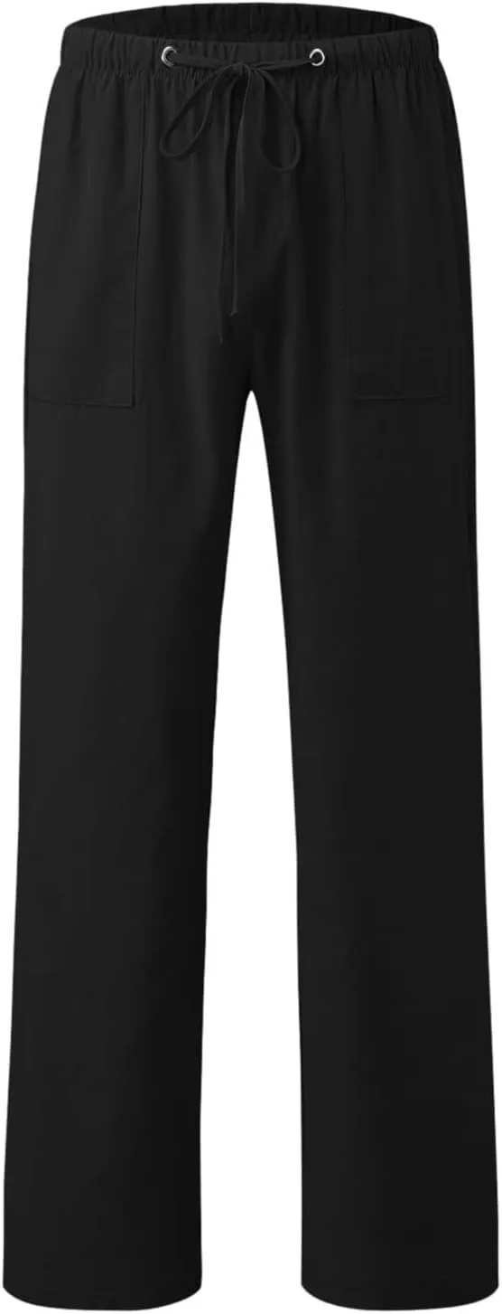 Summer Casual Linen Pants for Men Long Length Straight Leg Beach Plain Pant Trendy Outdoor Travel Trousers Pajamas