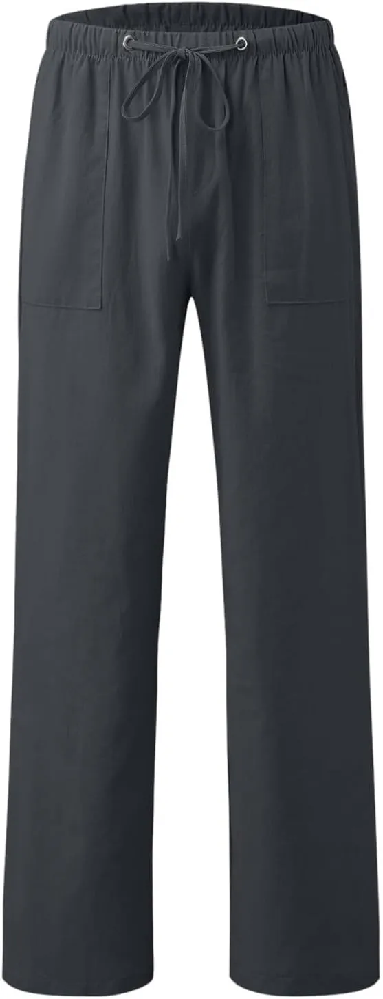 Summer Casual Linen Pants for Men Long Length Straight Leg Beach Plain Pant Trendy Outdoor Travel Trousers Pajamas