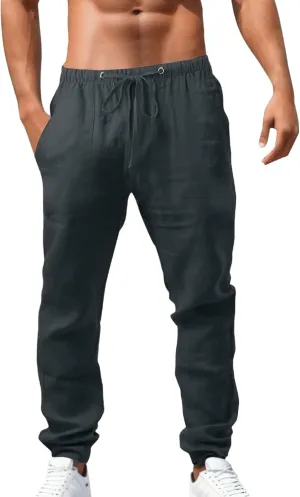 Summer Casual Linen Pants for Men Long Length Straight Leg Beach Plain Pant Trendy Outdoor Travel Trousers Pajamas
