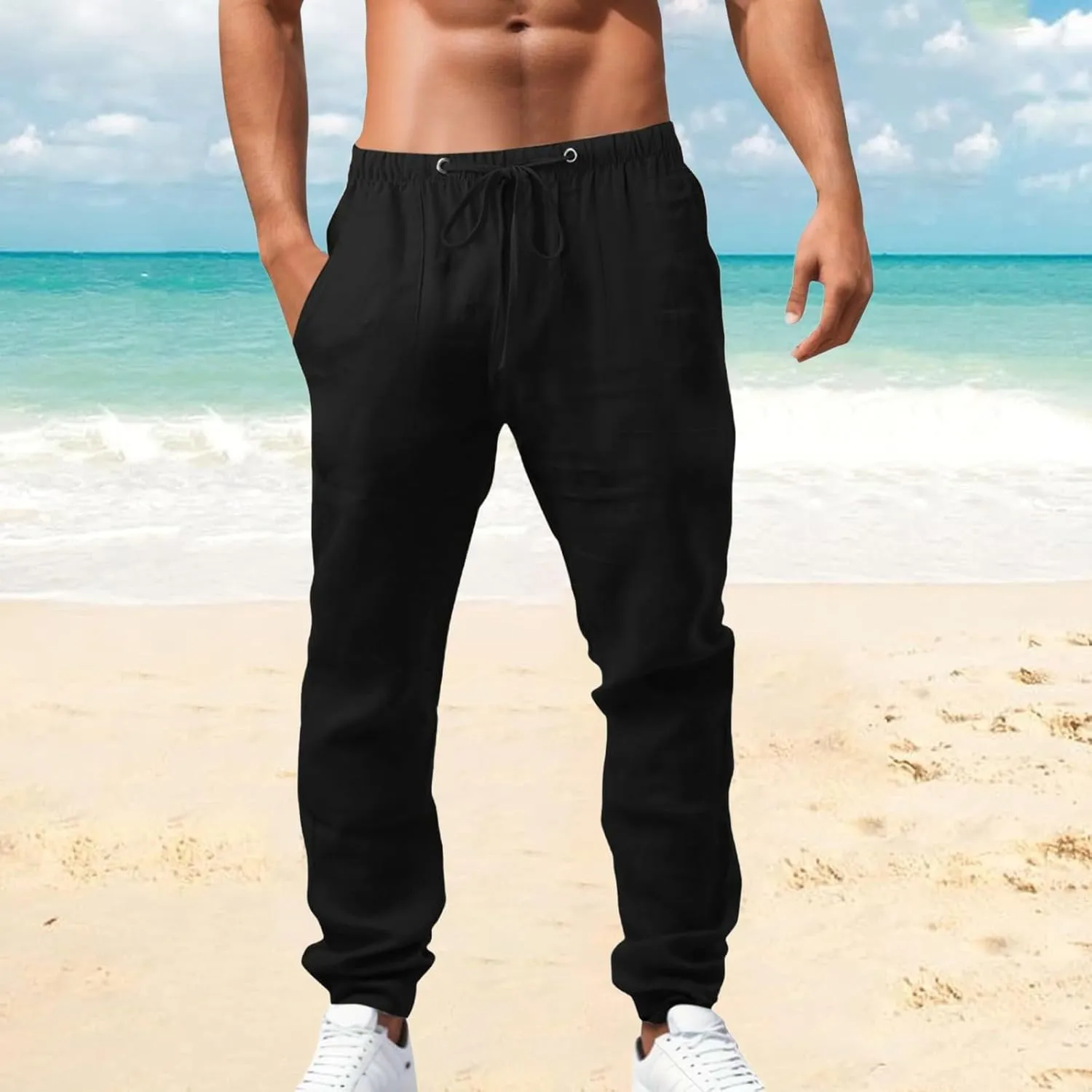 Summer Casual Linen Pants for Men Long Length Straight Leg Beach Plain Pant Trendy Outdoor Travel Trousers Pajamas