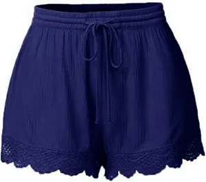 Summer Casual Shorts for Women Lace Trim Comfy Pajama Bottoms Elastic Waist Drawstring Loose Yoga Lounge Short Pants