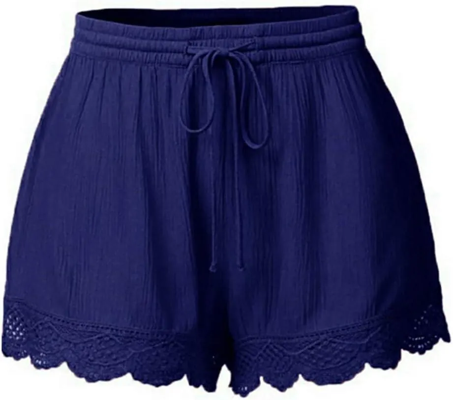 Summer Casual Shorts for Women Lace Trim Comfy Pajama Bottoms Elastic Waist Drawstring Loose Yoga Lounge Short Pants
