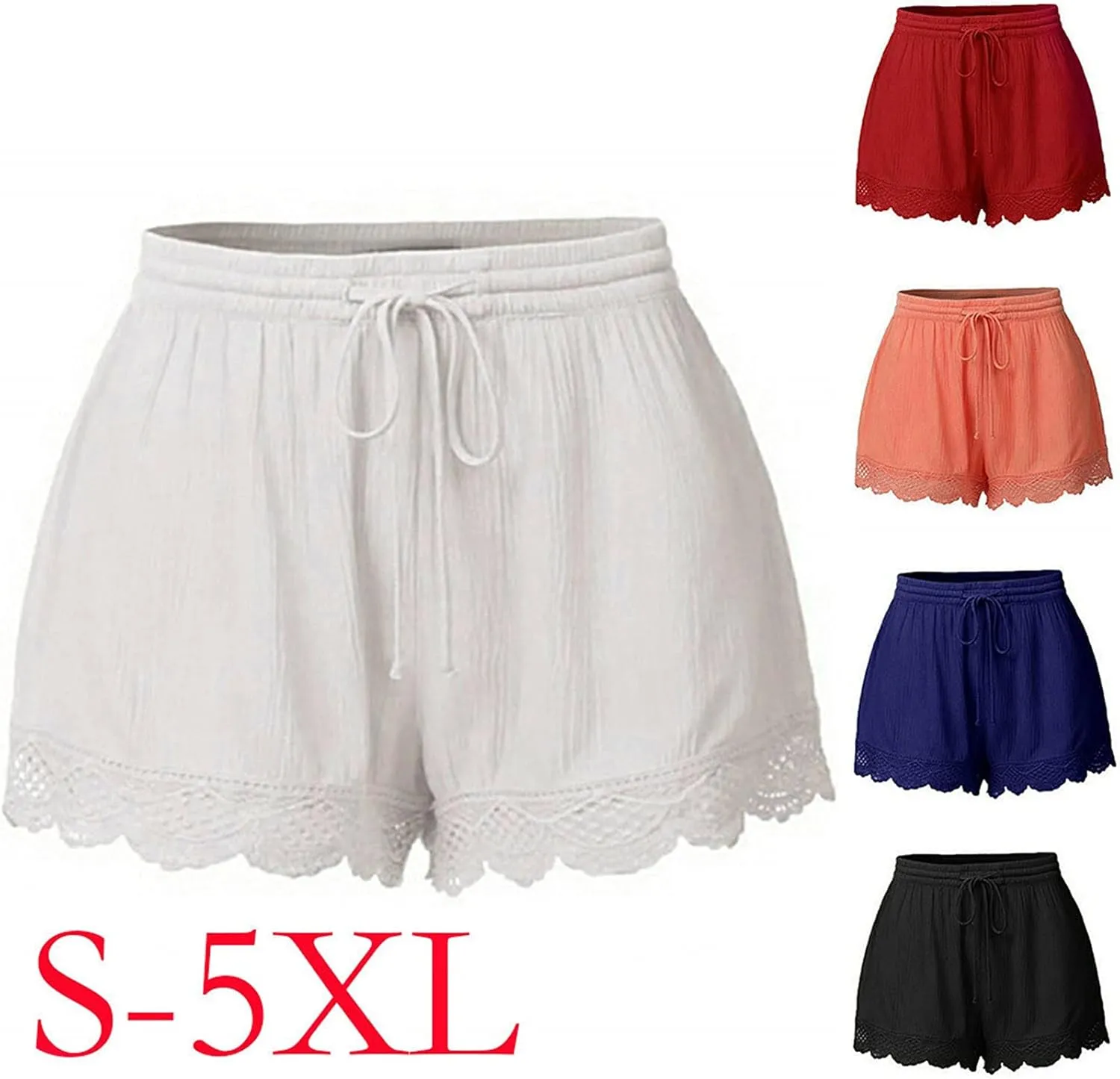 Summer Casual Shorts for Women Lace Trim Comfy Pajama Bottoms Elastic Waist Drawstring Loose Yoga Lounge Short Pants