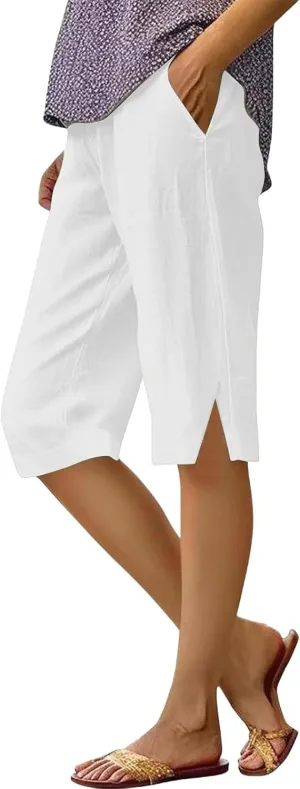 Summer Women Linen Shorts 2025 | Knee Length Drawstring Short Pants with Split Side Bottomline Beach Comfy Shorts