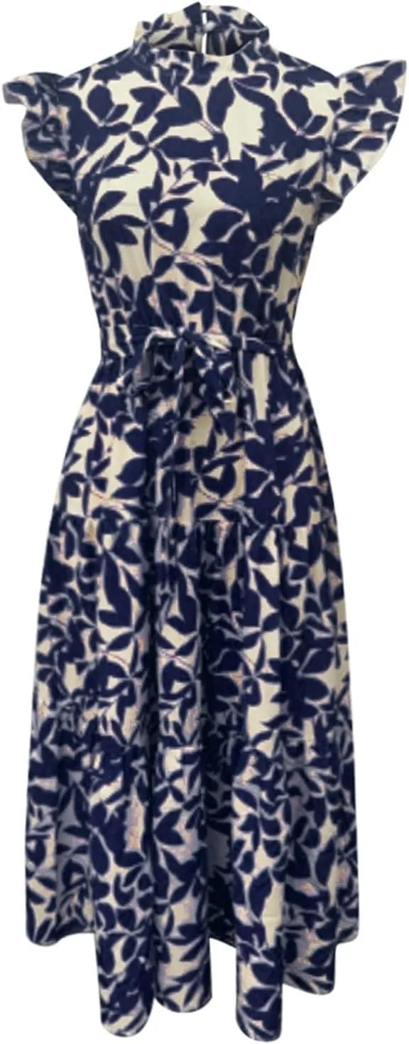 Sundresses for Women 2025 Ruffle Cap Sleeve High Neck Dresses Trendy Printing Tie Summer Long Dress with Tie Waist