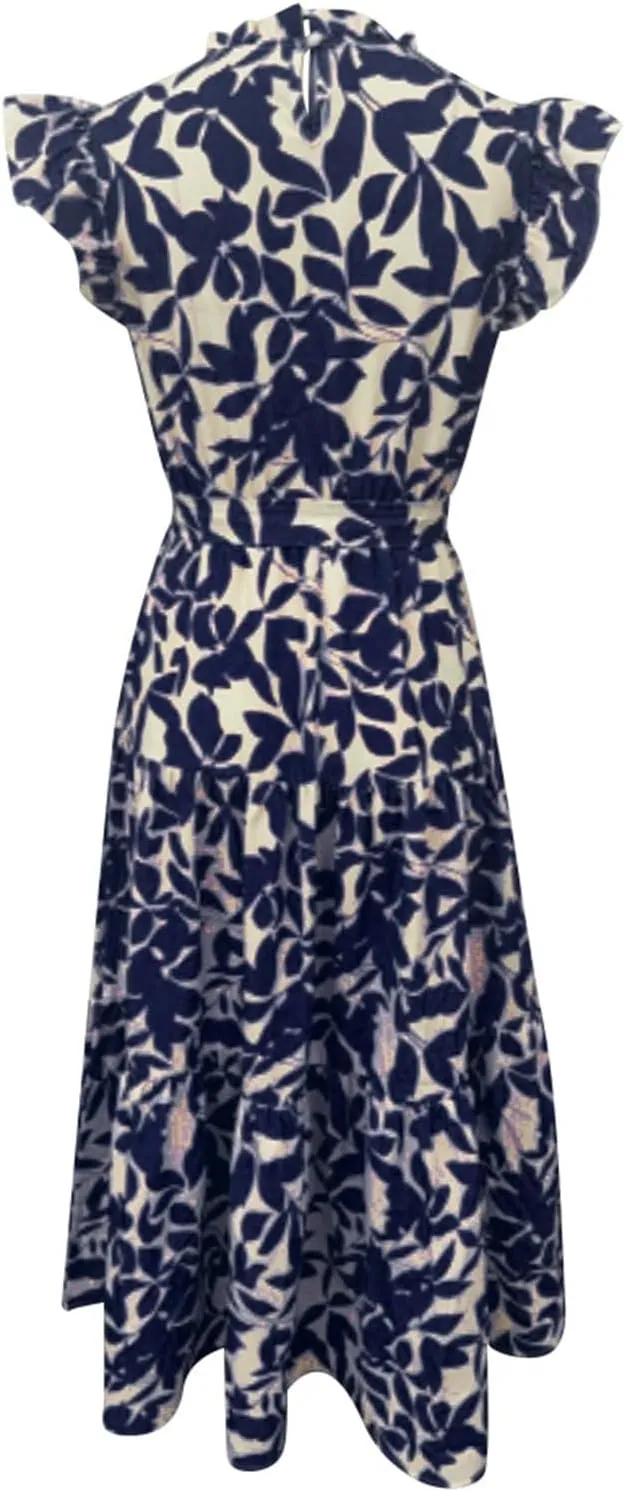 Sundresses for Women 2025 Ruffle Cap Sleeve High Neck Dresses Trendy Printing Tie Summer Long Dress with Tie Waist