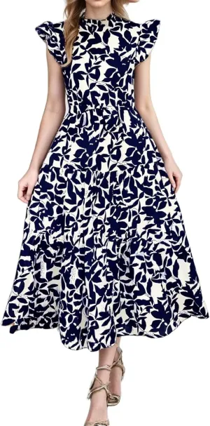 Sundresses for Women 2025 Ruffle Cap Sleeve High Neck Dresses Trendy Printing Tie Summer Long Dress with Tie Waist