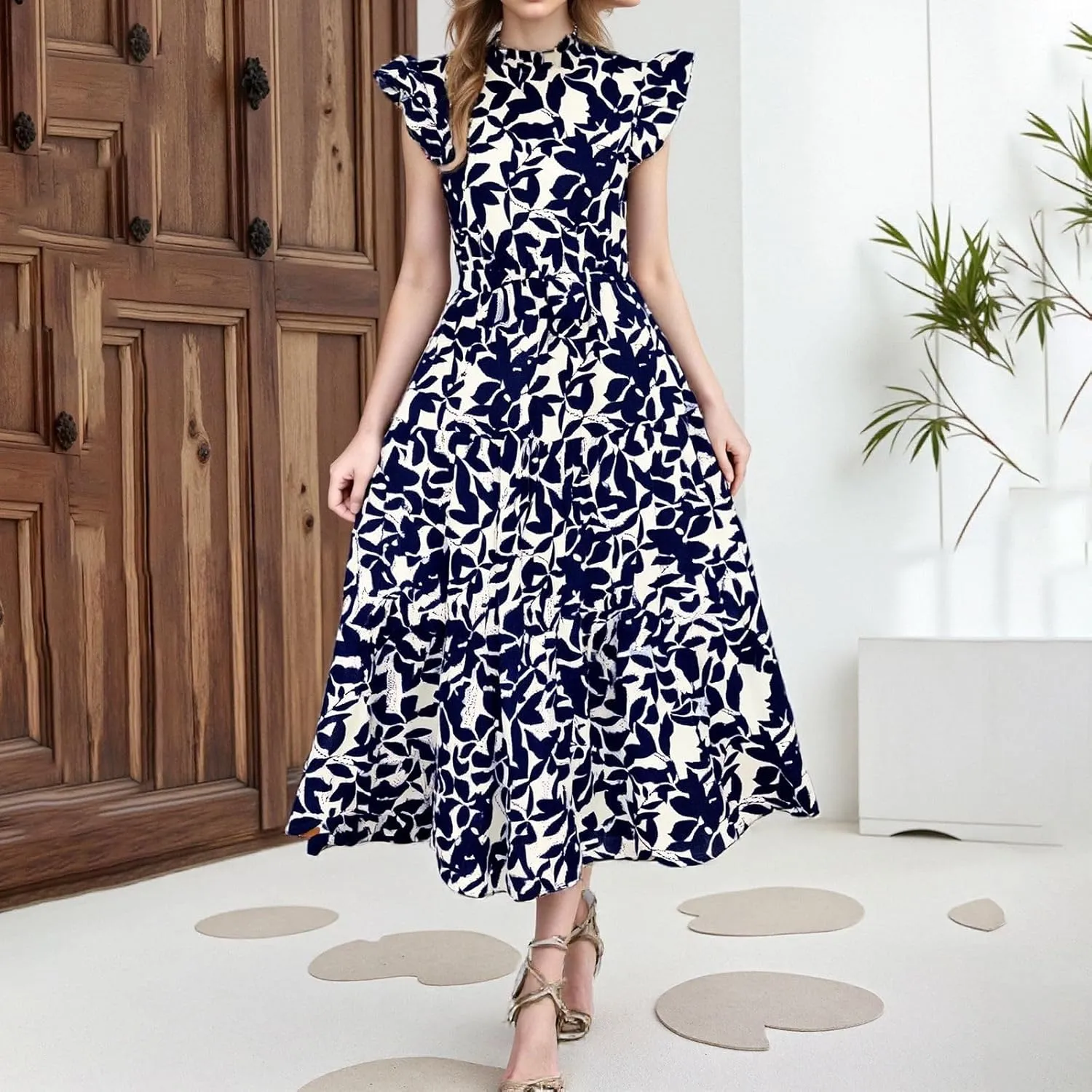 Sundresses for Women 2025 Ruffle Cap Sleeve High Neck Dresses Trendy Printing Tie Summer Long Dress with Tie Waist
