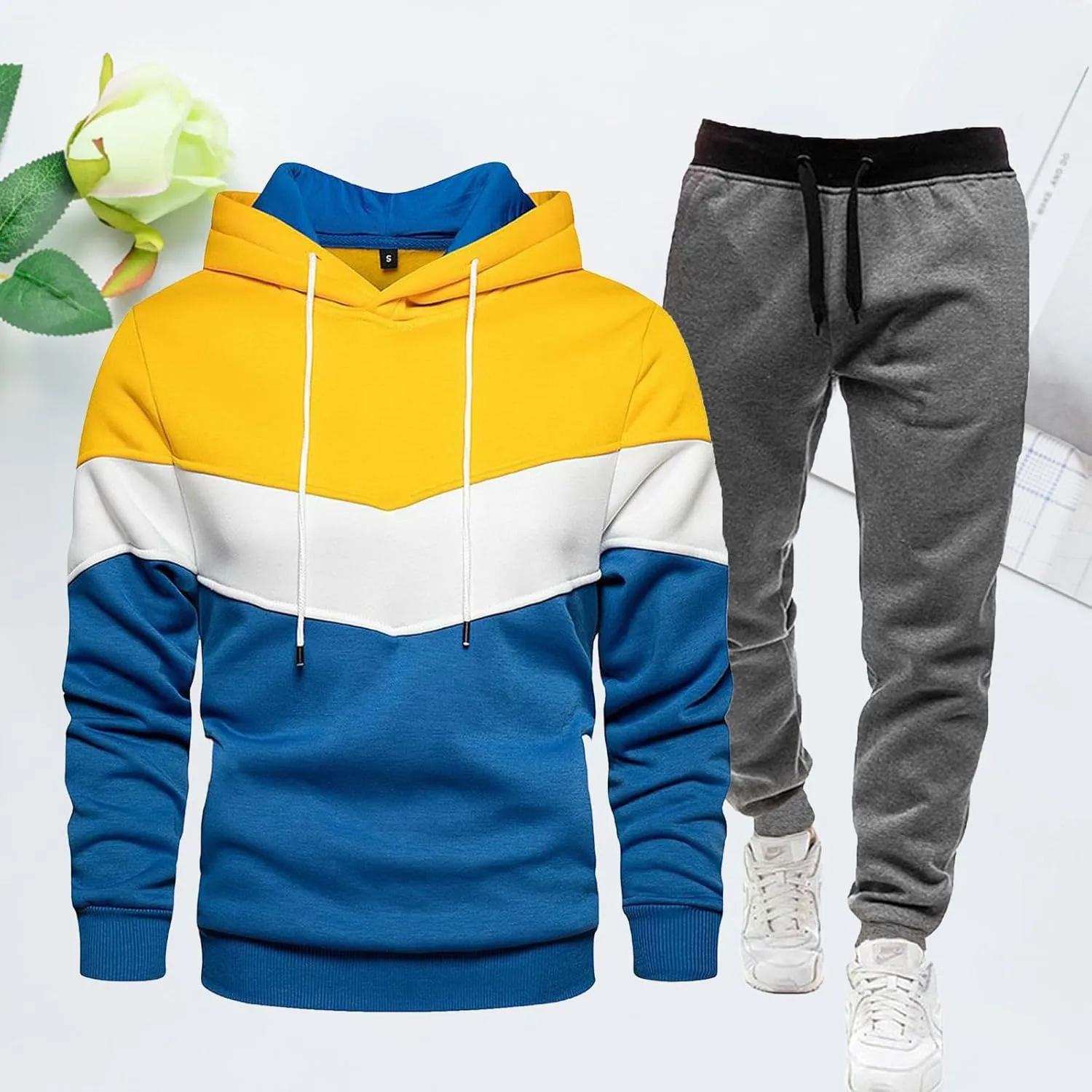 Sweatshirt 2 Piece Set for Men Fashion Color Matching Drawstring Long Sleeve Pullover Top Jogging Pants Sport Outfits