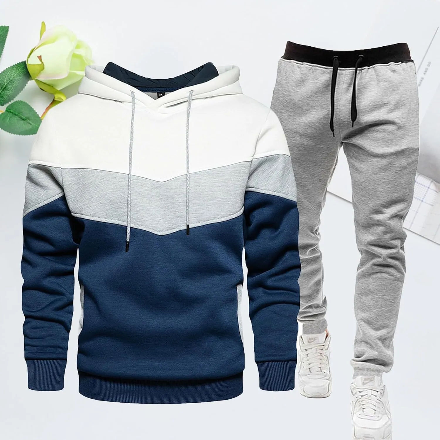 Sweatshirt 2 Piece Set for Men Fashion Color Matching Drawstring Long Sleeve Pullover Top Jogging Pants Sport Outfits