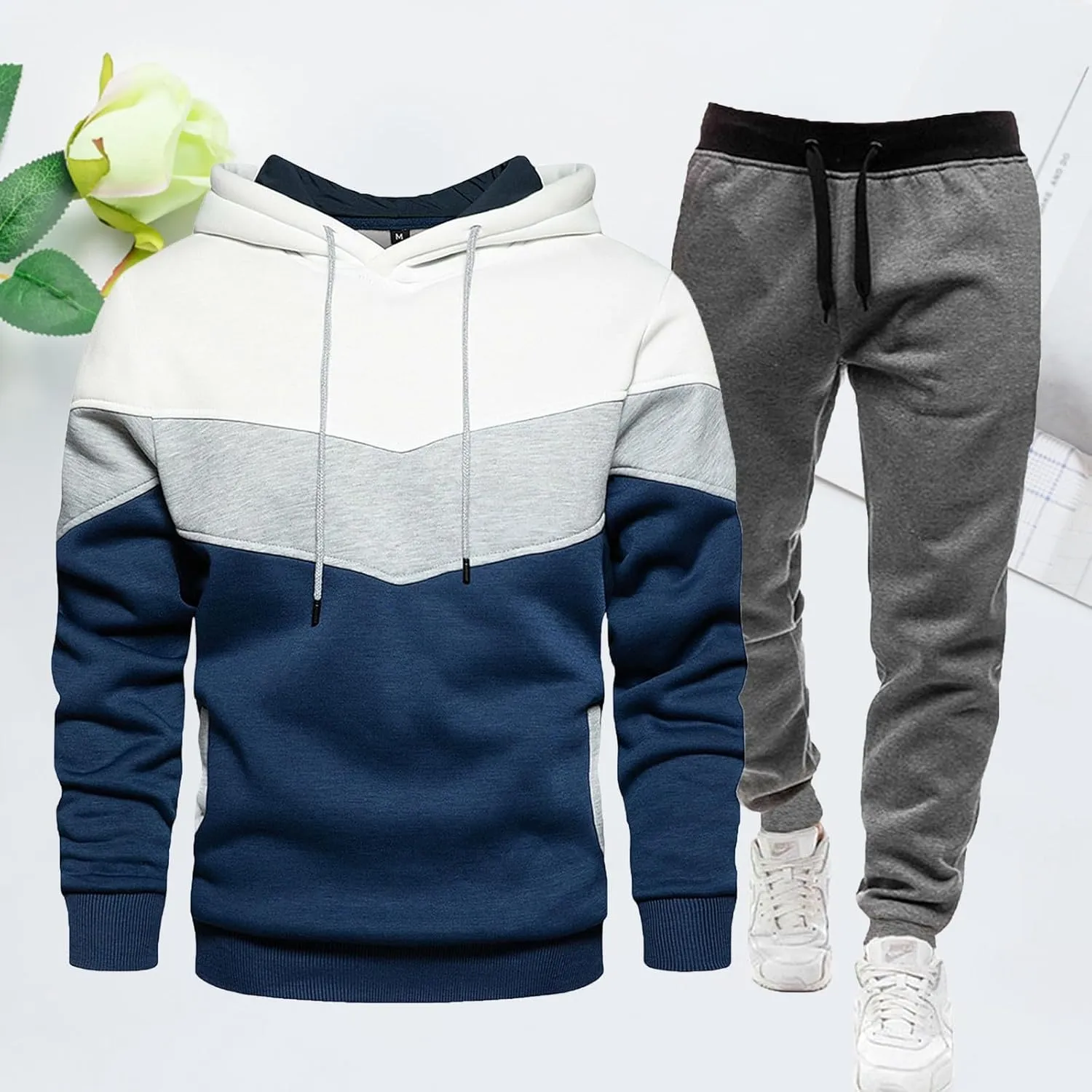 Sweatshirt 2 Piece Set for Men Fashion Color Matching Drawstring Long Sleeve Pullover Top Jogging Pants Sport Outfits