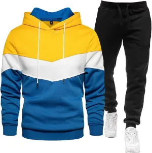 Sweatshirt 2 Piece Set for Men Fashion Color Matching Drawstring Long Sleeve Pullover Top Jogging Pants Sport Outfits
