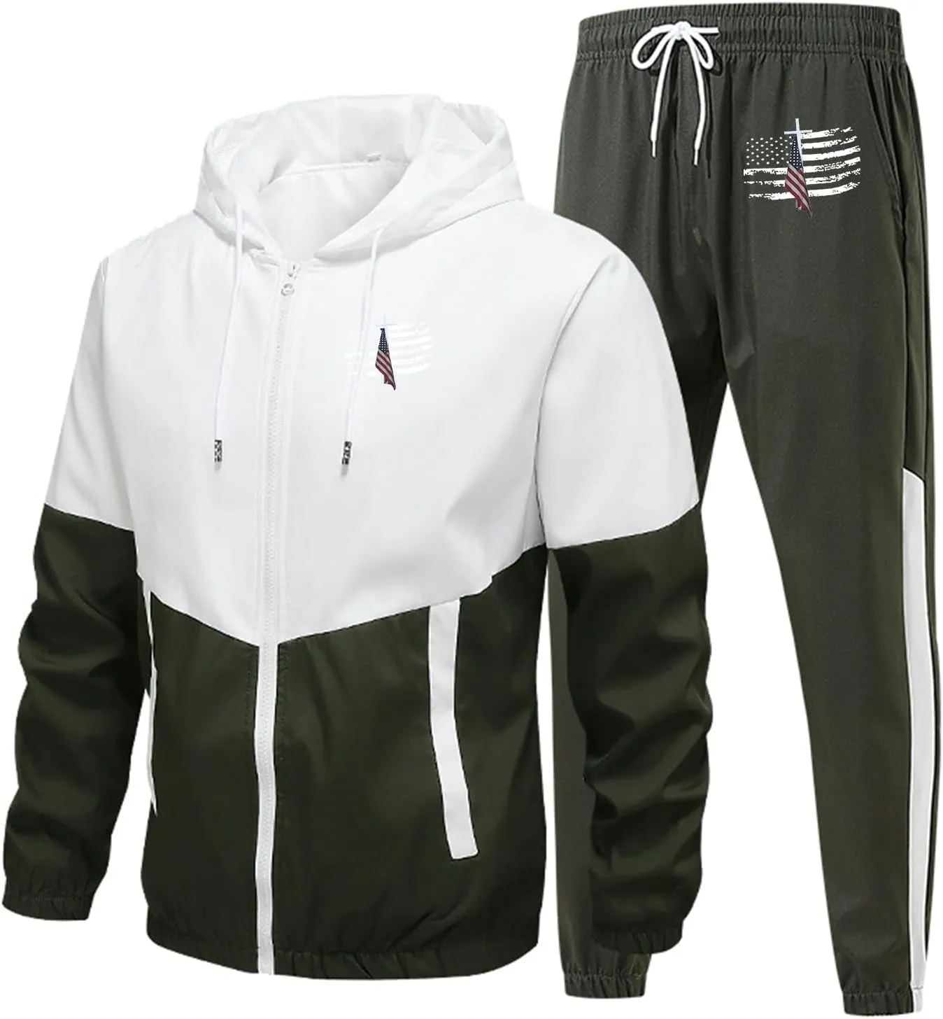 Sweatsuits for Men Flag Printed Full Zipper Long Sleeve Hoodies Jogging Pants Loose Breathable Workout Sport Clothes