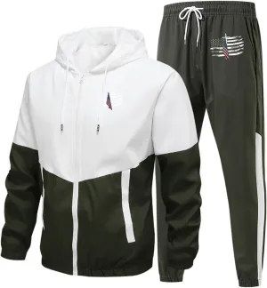 Sweatsuits for Men Flag Printed Full Zipper Long Sleeve Hoodies Jogging Pants Loose Breathable Workout Sport Clothes