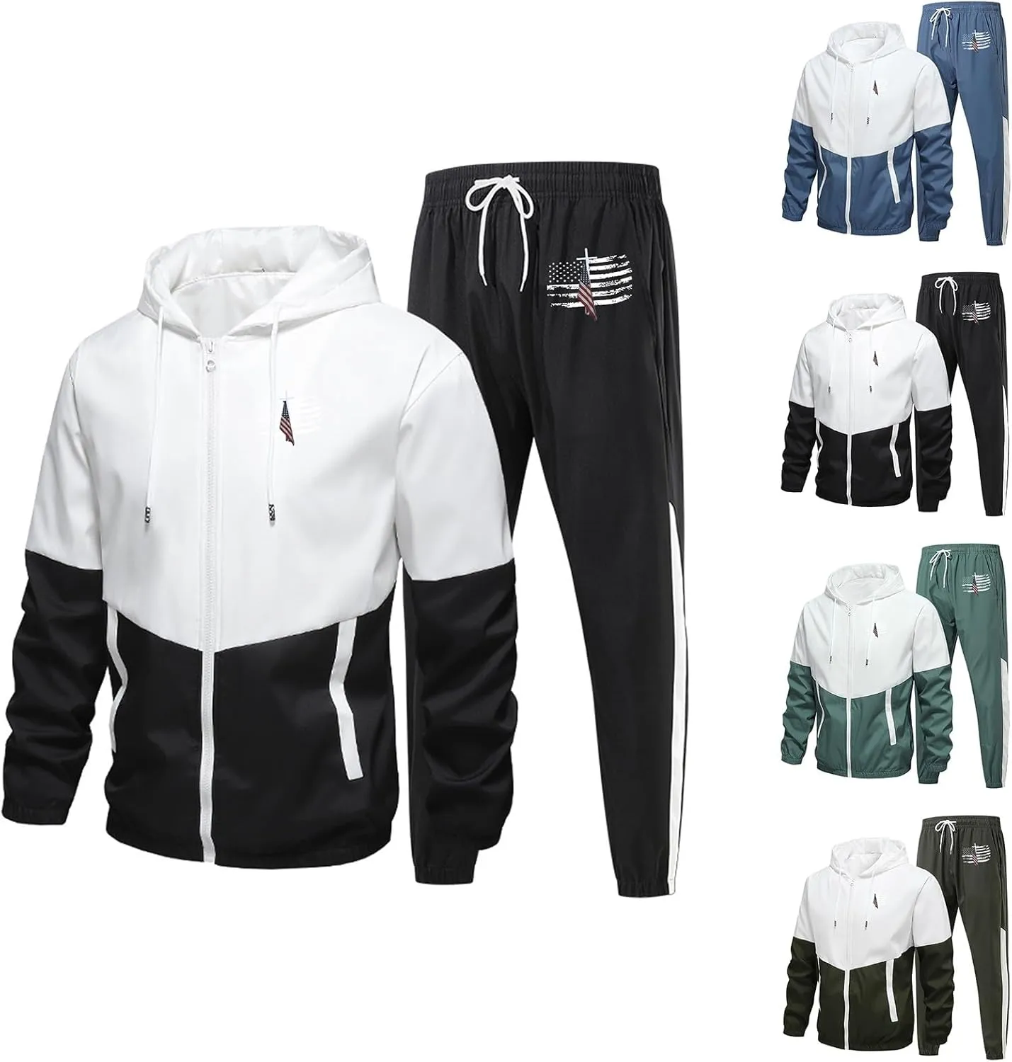 Sweatsuits for Men Flag Printed Full Zipper Long Sleeve Hoodies Jogging Pants Loose Breathable Workout Sport Clothes