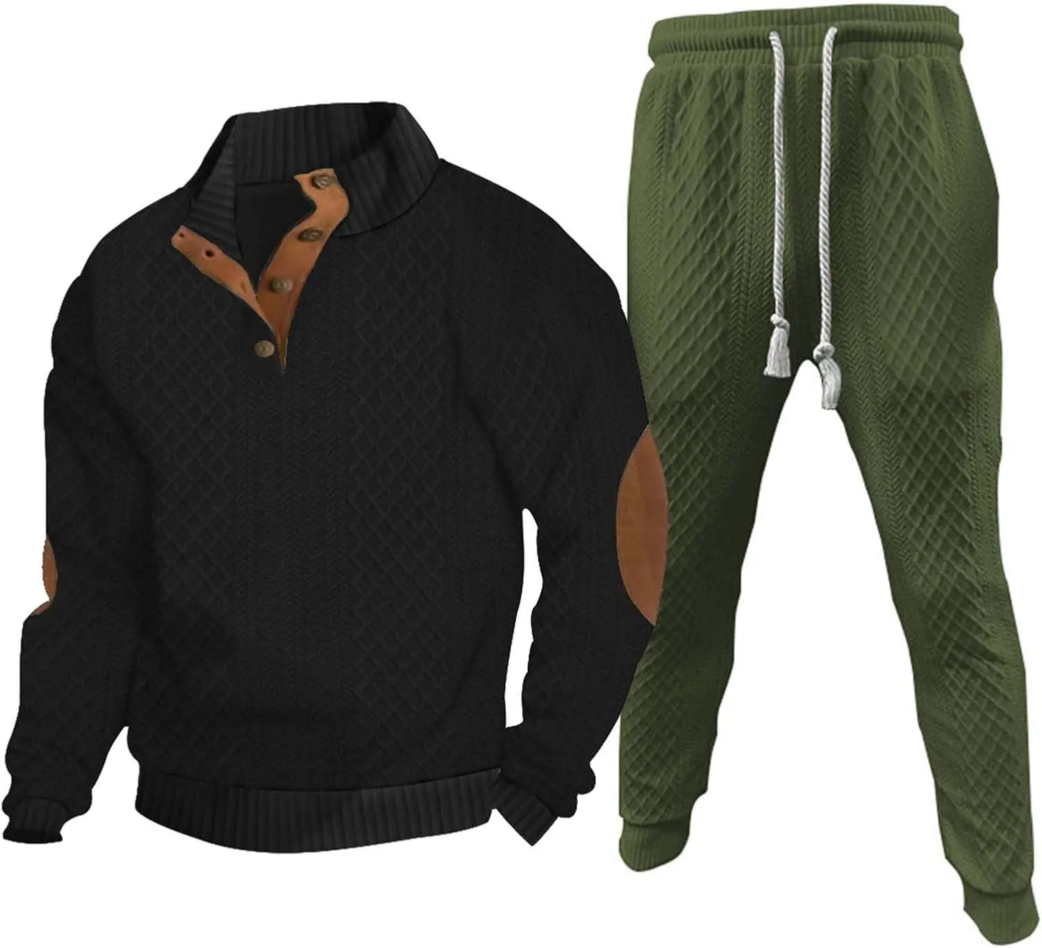 Sweatsuits Men 2 piece Outfit Casual jacquard Stand Collar Elbow Patch Sweatshirts Long Pants Outdoor Sport Clothes