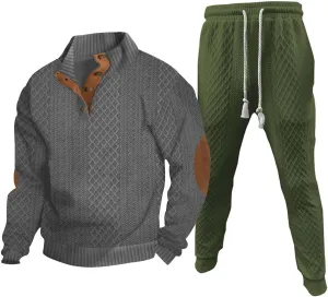 Sweatsuits Men 2 piece Outfit Casual jacquard Stand Collar Elbow Patch Sweatshirts Long Pants Outdoor Sport Clothes